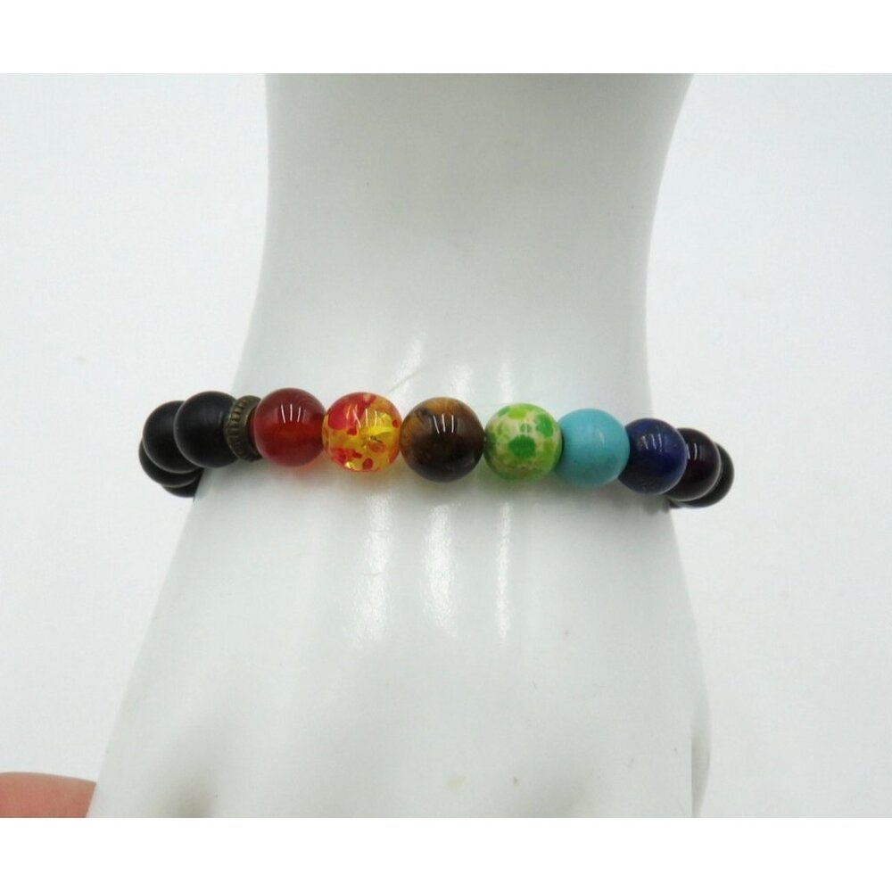 Chakra‎ Beaded Stretch Bracelet Black Matte Beads Rainbow Yoga Energy